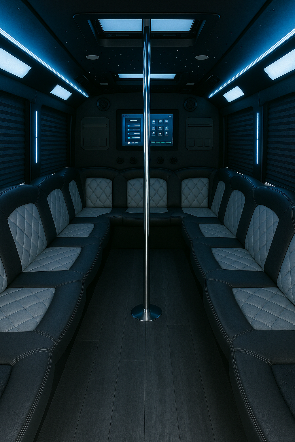 Fort Worth party bus interior with LED lighting