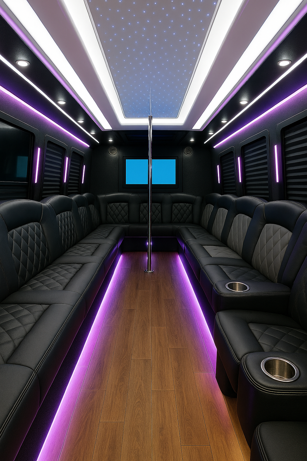 Fort Worth party bus interior with LED lighting and premium sound system