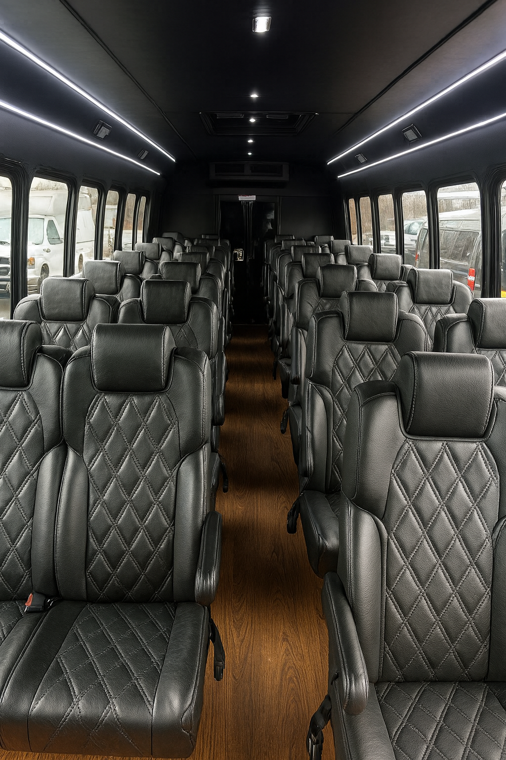 38 Passenger Coach Bus interior view — High Capacity, Seatbelts