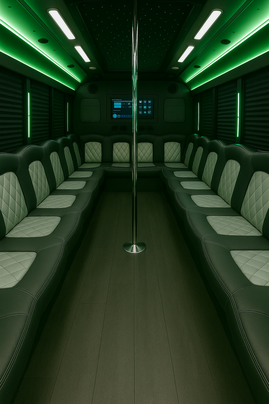 40 Passenger Party Bus interior view — Laser Lights, TV