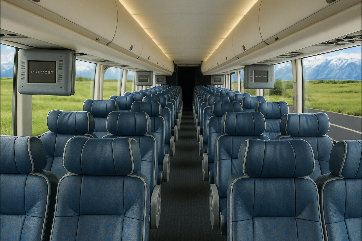 48 Passenger Coach Bus interior view — Full Motorcoach, Seatbelts