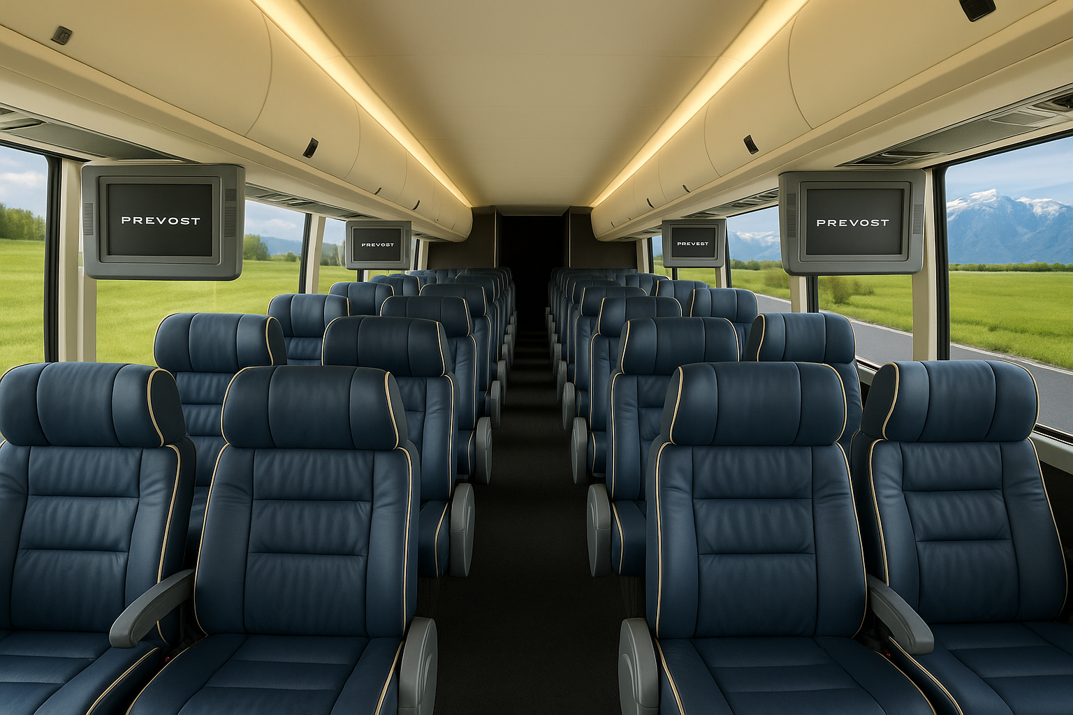 52 Passenger Coach Bus interior view — Full-Size Motorcoach, Luxury Seating